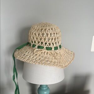 Beige Woven Sun Hat with Green Ribbon